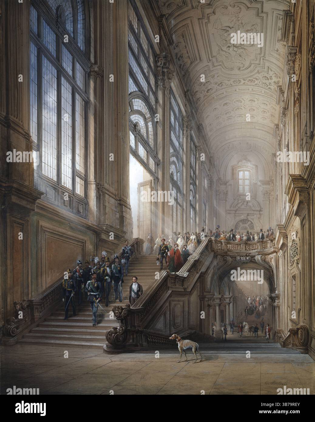 Roi Victor Emanuel II, Camillo Benso comte de Cavour avec entourage sur les marches du Palazzo Madama. Musée : Galleria Civica d'Arte Moderna, Turin. Auteur : CARLO BOSSOLI. Banque D'Images