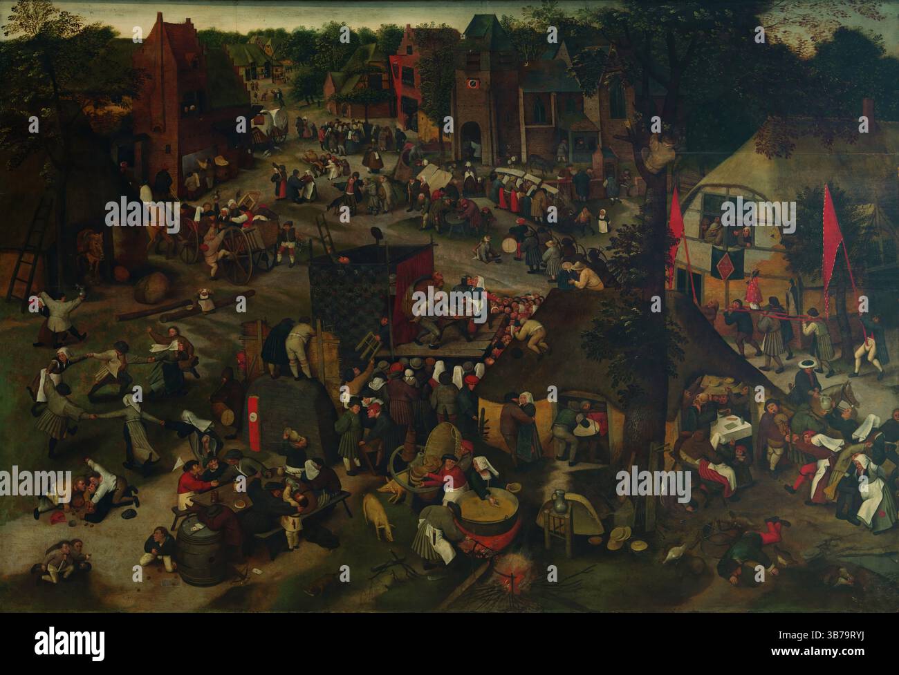 Festival du village avec une représentation théâtrale et une procession. Musée : musées royaux des Beaux-Arts de Belgique, Bruxelles. AUTEUR : PIETER BRUEGHEL LE JEUNE. Banque D'Images