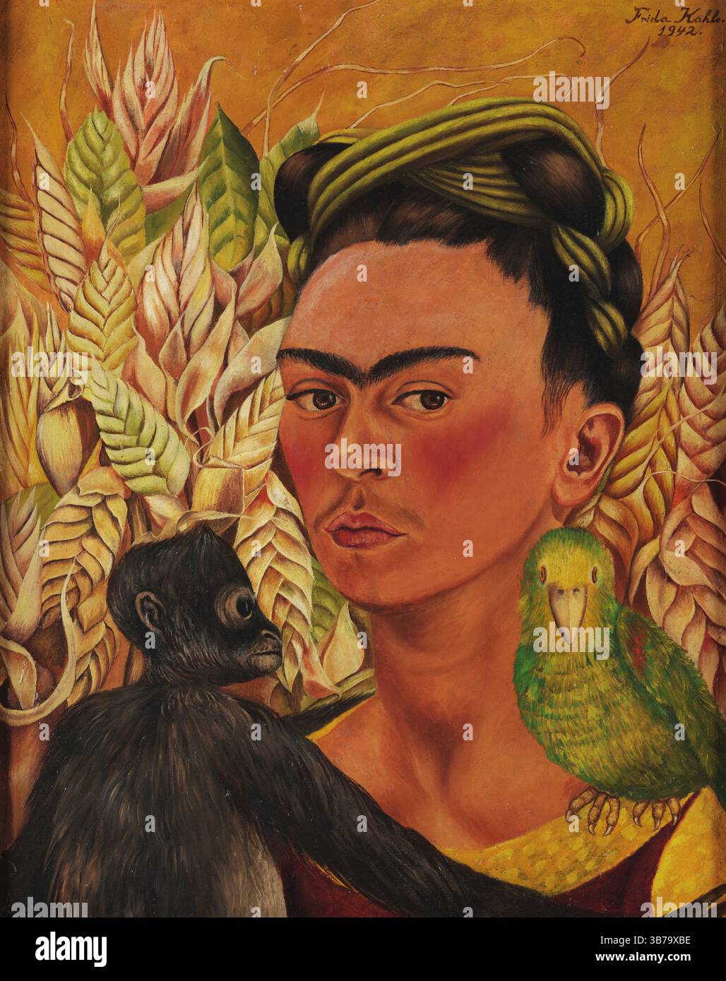 Autoportrait avec singe et perroquet. Musée : Museo de Arte Latinoamericano, Buenos Aires. Auteur : FRIDA KAHLO. Banque D'Images