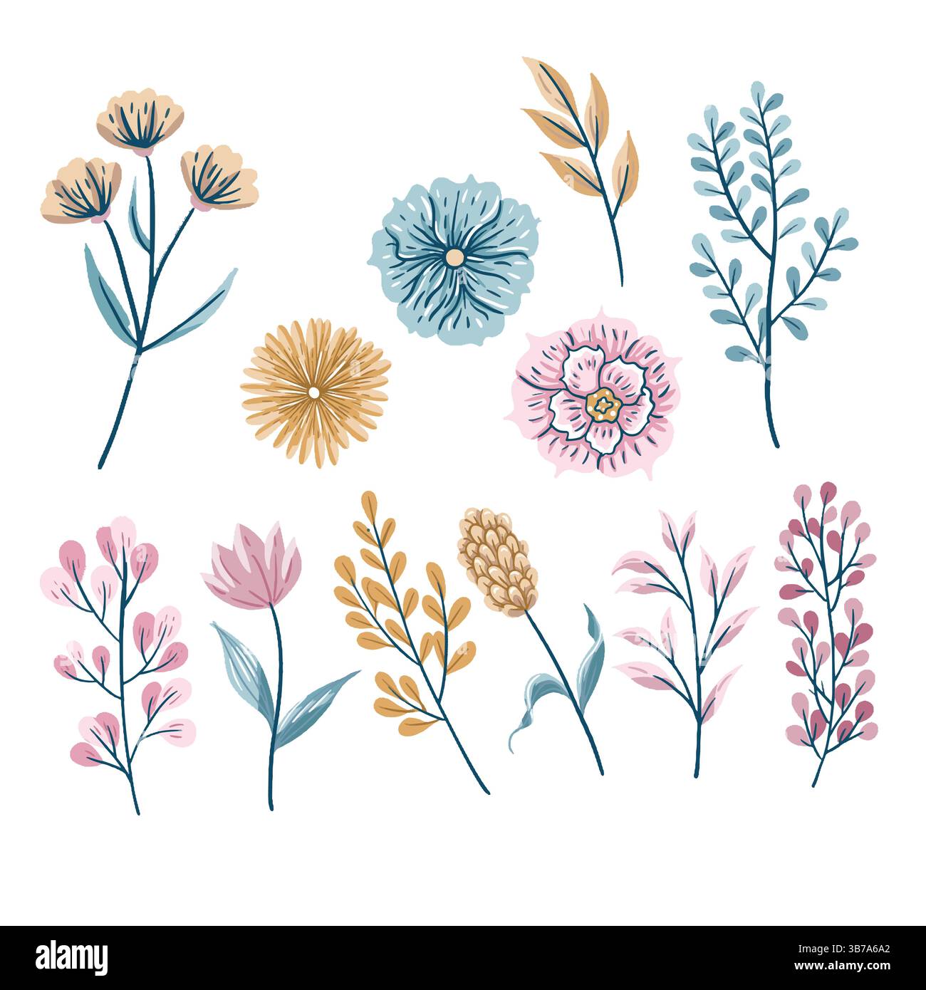 Collection de feuilles tropicales plates de style scandinave et de plantes à fleurs avec des illustrations d'herbes forestières naturelles Illustration de Vecteur