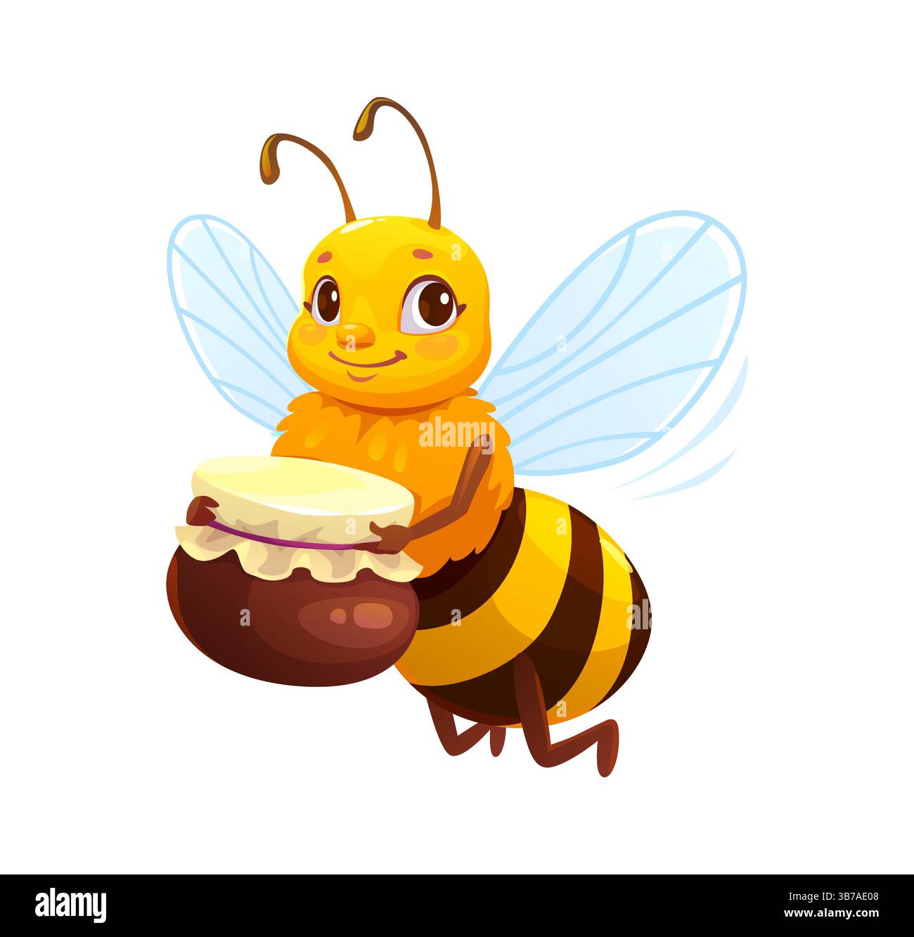 Personnage d'abeille de miel de dessin animé volant avec pot de miel dans les pattes, souriant avec de grands yeux et des ailes battantes. Insecte de jardin vecteur isolé mignon délivrant s Illustration de Vecteur