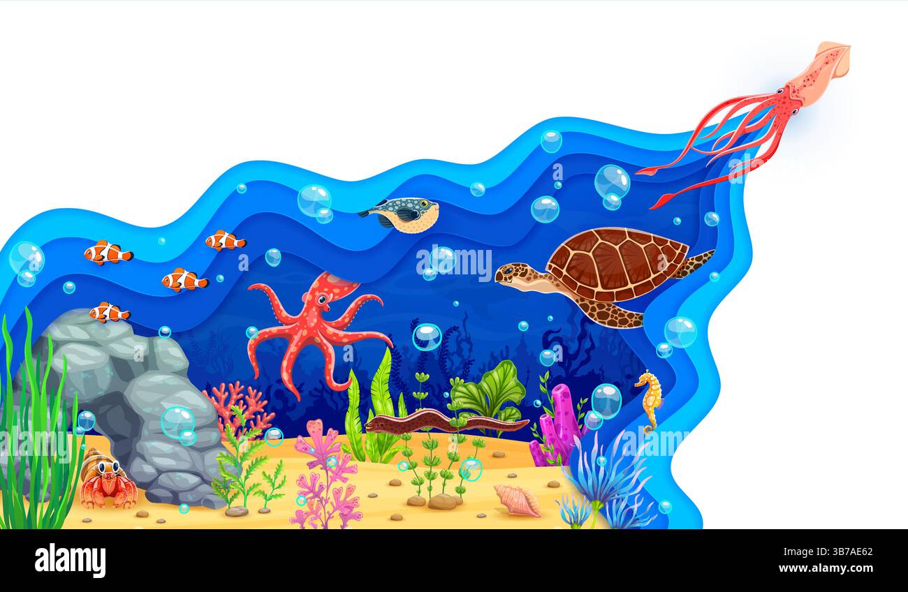 Paysage sous-marin coupé en papier de dessin animé avec des animaux marins et des poissons sur fond de vecteur de fond de récif corallien. Tortue de mer de poulpe, calmars et hippocampe charac Illustration de Vecteur
