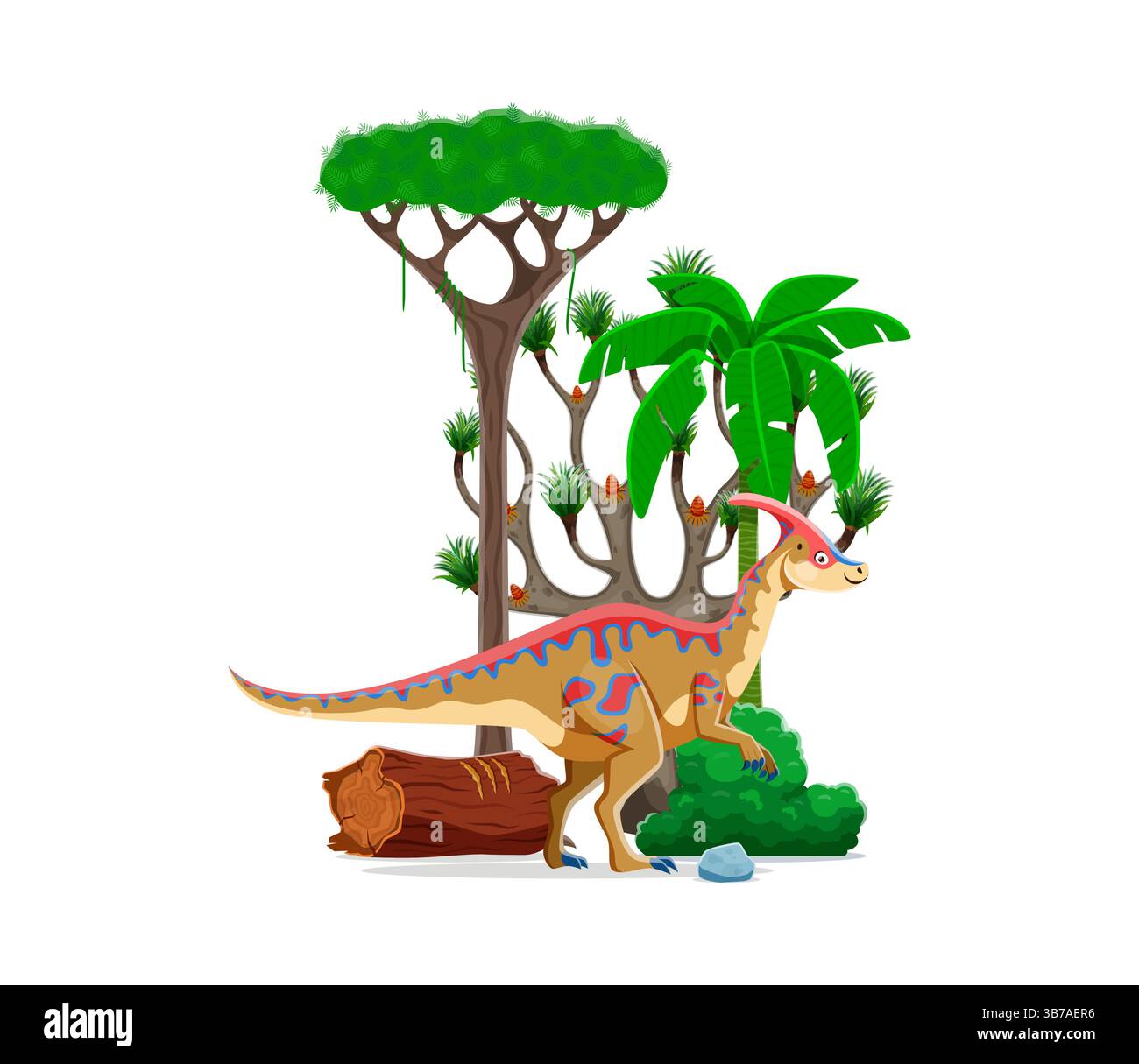 Personnage de dinosaure préhistorique Parasaurolophus debout sur un terrain verdoyant avec des arbres et des rochers environnants. Vecteur de bande dessinée isolé Dino jouable w Illustration de Vecteur