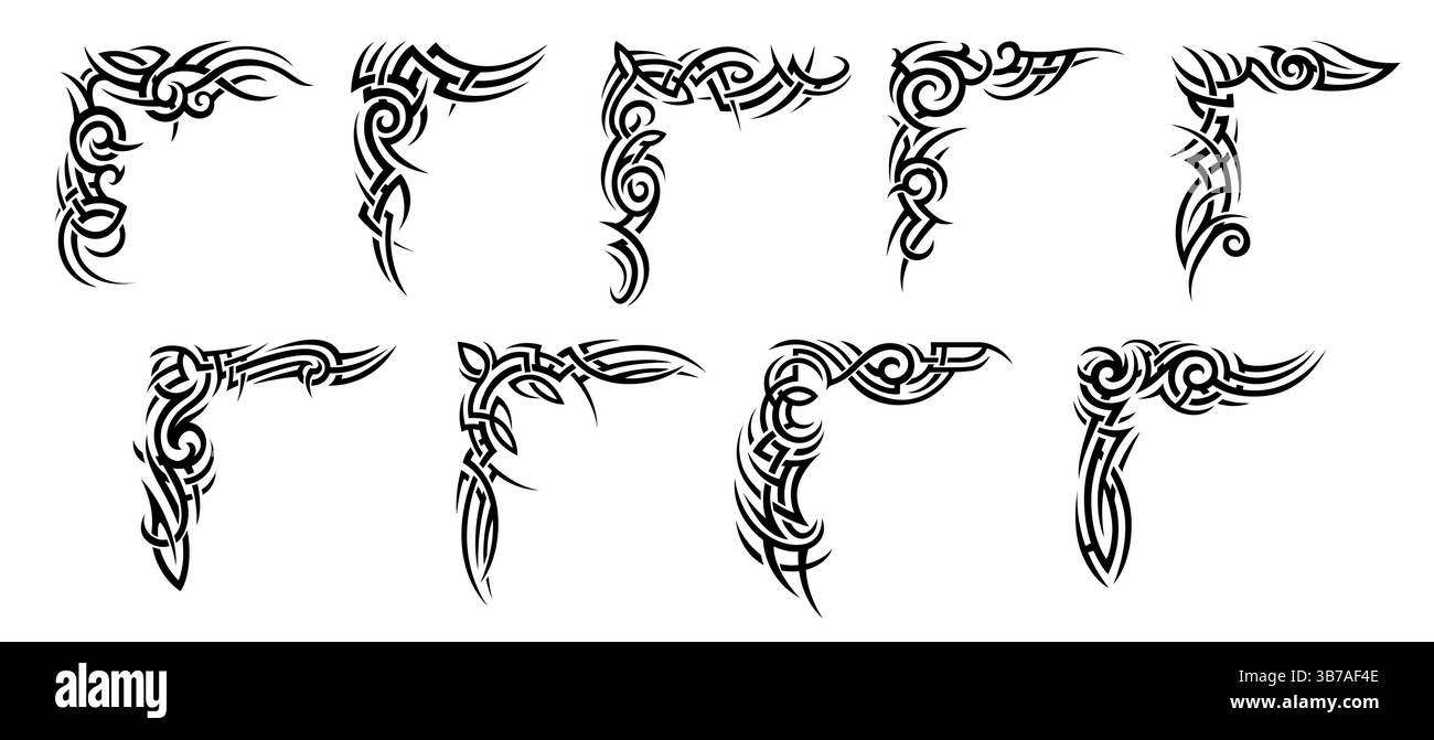 Motif de tatouage tribal celtique et maori. Ensemble vectoriel de coins noirs, bordures d'angle décoratives dans le style folklorique ancien avec des courbes ou des tourbillons. Traditionnel Illustration de Vecteur
