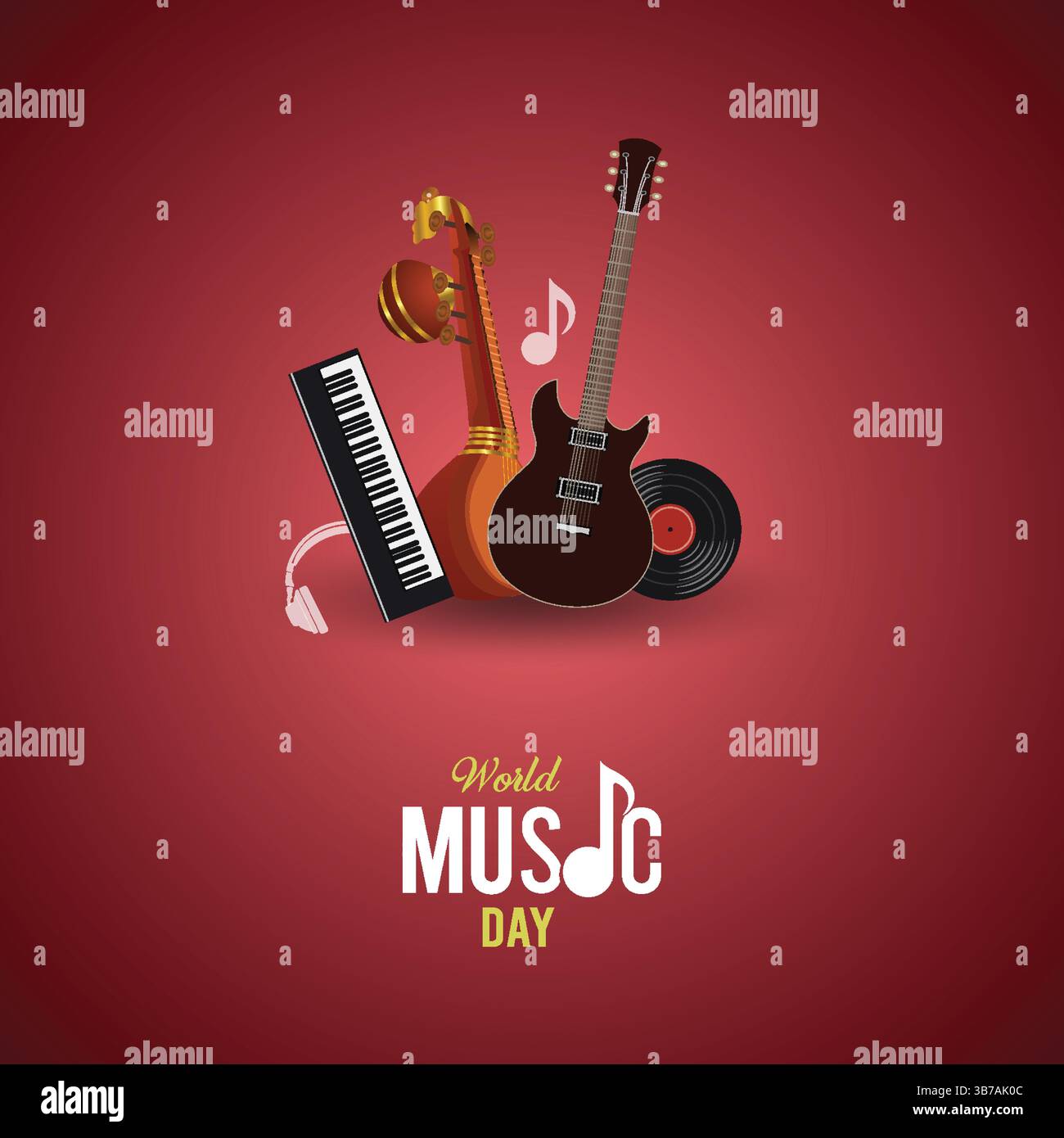 Célébration de la Journée mondiale de la musique avec instruments et toile de fond rouge Illustration de Vecteur