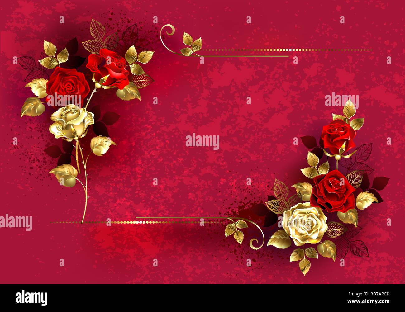 Coin, arrangement floral d'or et de rouge, roses de bijou sur fond texturé rouge. Rose dorée. Illustration de Vecteur