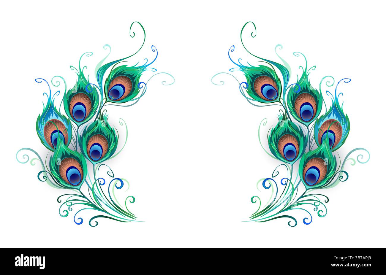 Composition symétrique de vert et turquoise artistiquement dessinés, de belles plumes de paon moelleuses sur fond blanc. Plume de paon verte. Illustration de Vecteur