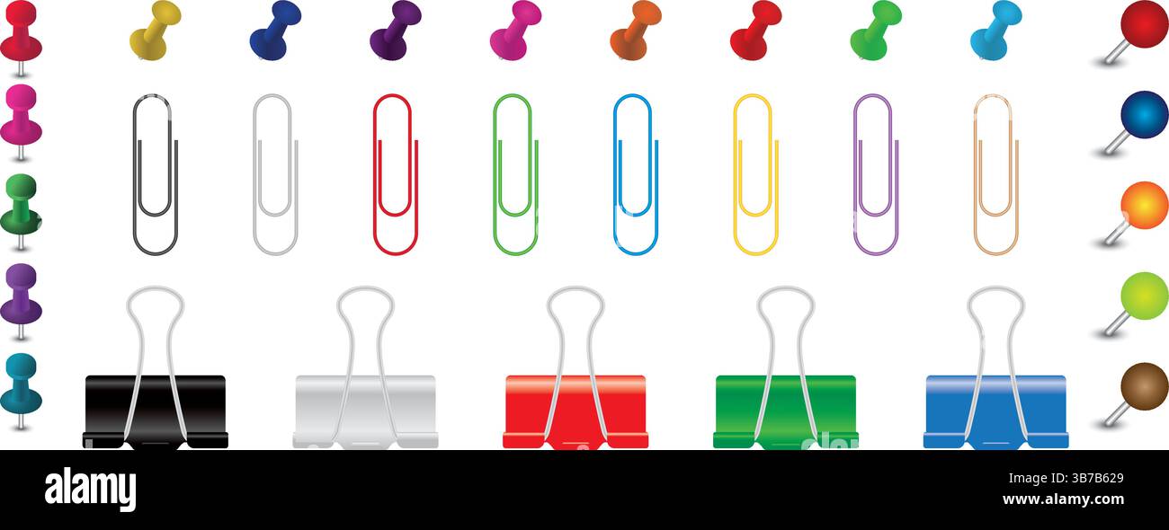 Jeu de cliparts papeterie. Picots à emboîter, trombones et pinces à reliure de la collection d'icônes de fournitures de bureau Illustration de Vecteur