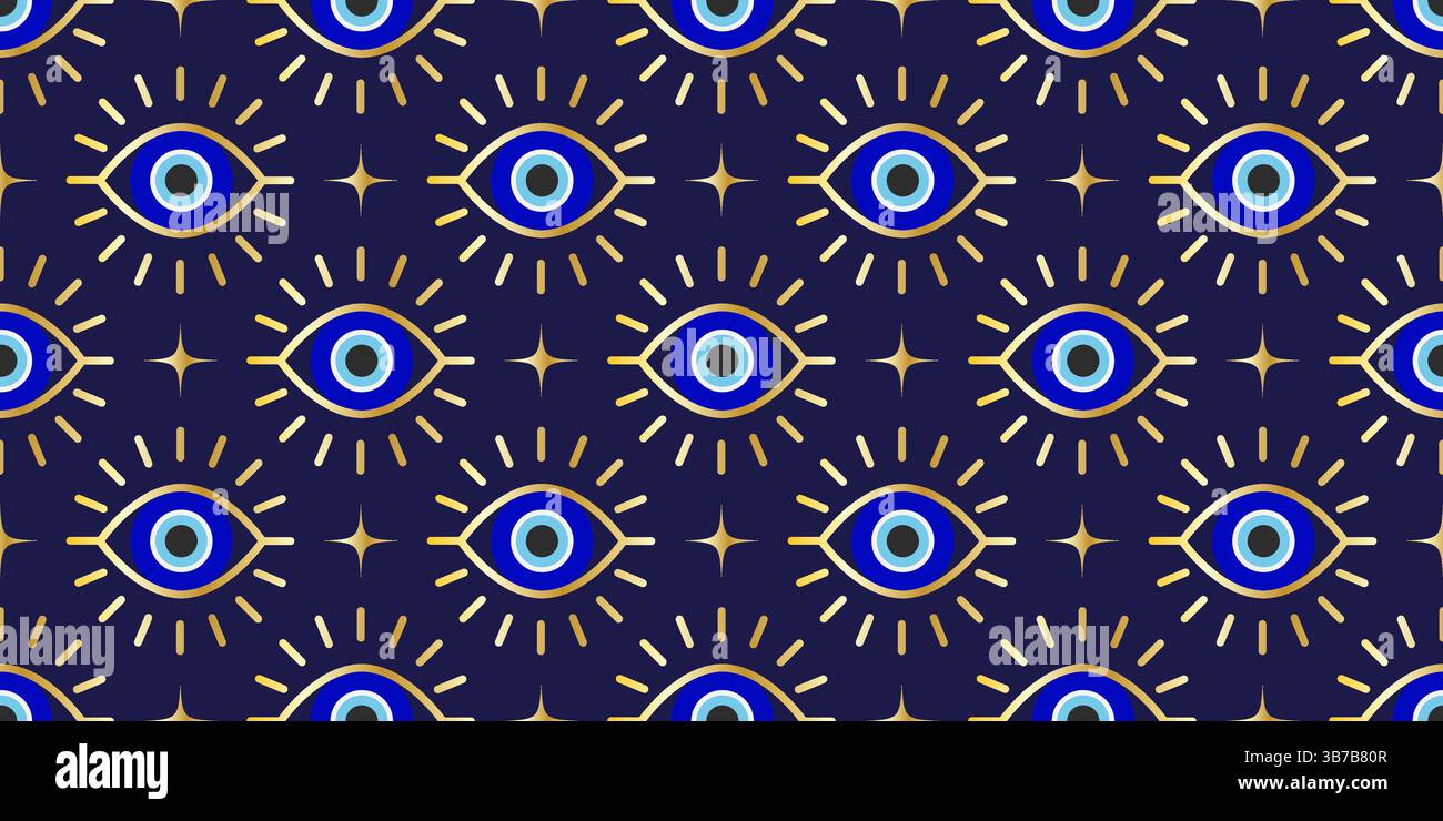 Motif mauvais oeil sans couture. Fond vectoriel turc avec des perles bleues et nazar magique. Amulette grecque mystique est le symbole de la protection et de la chance. Arabe Illustration de Vecteur