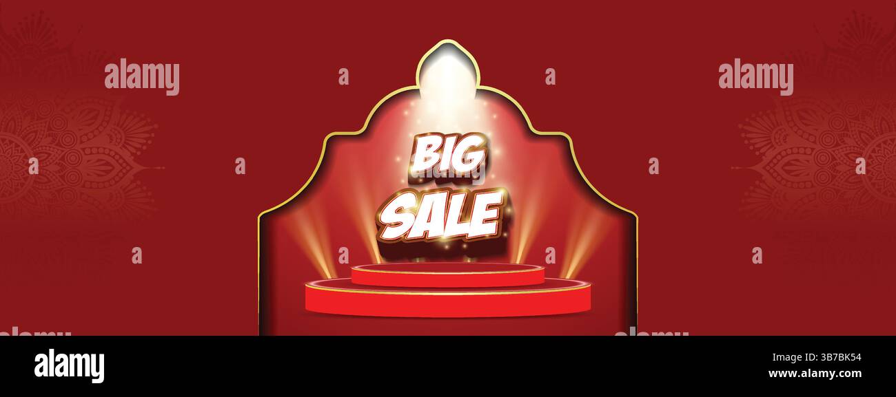 Grande affiche d'annonce de vente avec podium et spot light et mandala, peut être employée dans l'invitation, la promotion de produit, la publicité, la réduction, la vente en ligne Illustration de Vecteur