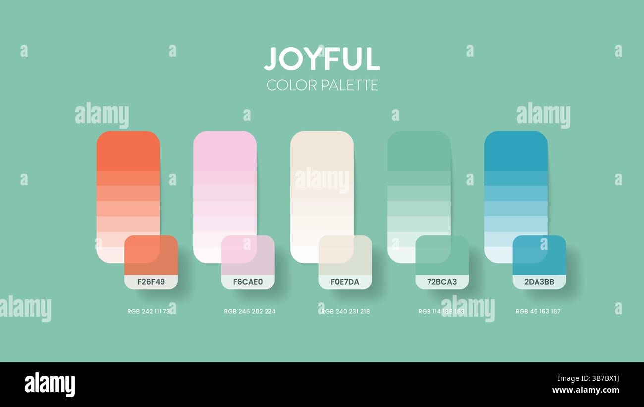 Guide de palette de couleurs dans les collections de thèmes Joyful vibrant. Inspiration de couleur ou graphique avec modèle de codes. Combinaison de couleurs RVB. Nuances de couleurs Illustration de Vecteur