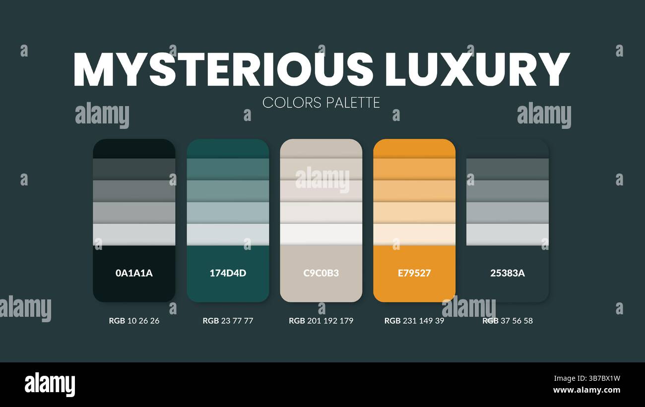 Guide de palette de couleurs dans les mystérieuses collections de thèmes de couleurs. Inspiration de couleur ou graphique avec modèle de codes. Combinaison de couleurs RVB. Nuances de couleurs pour Illustration de Vecteur