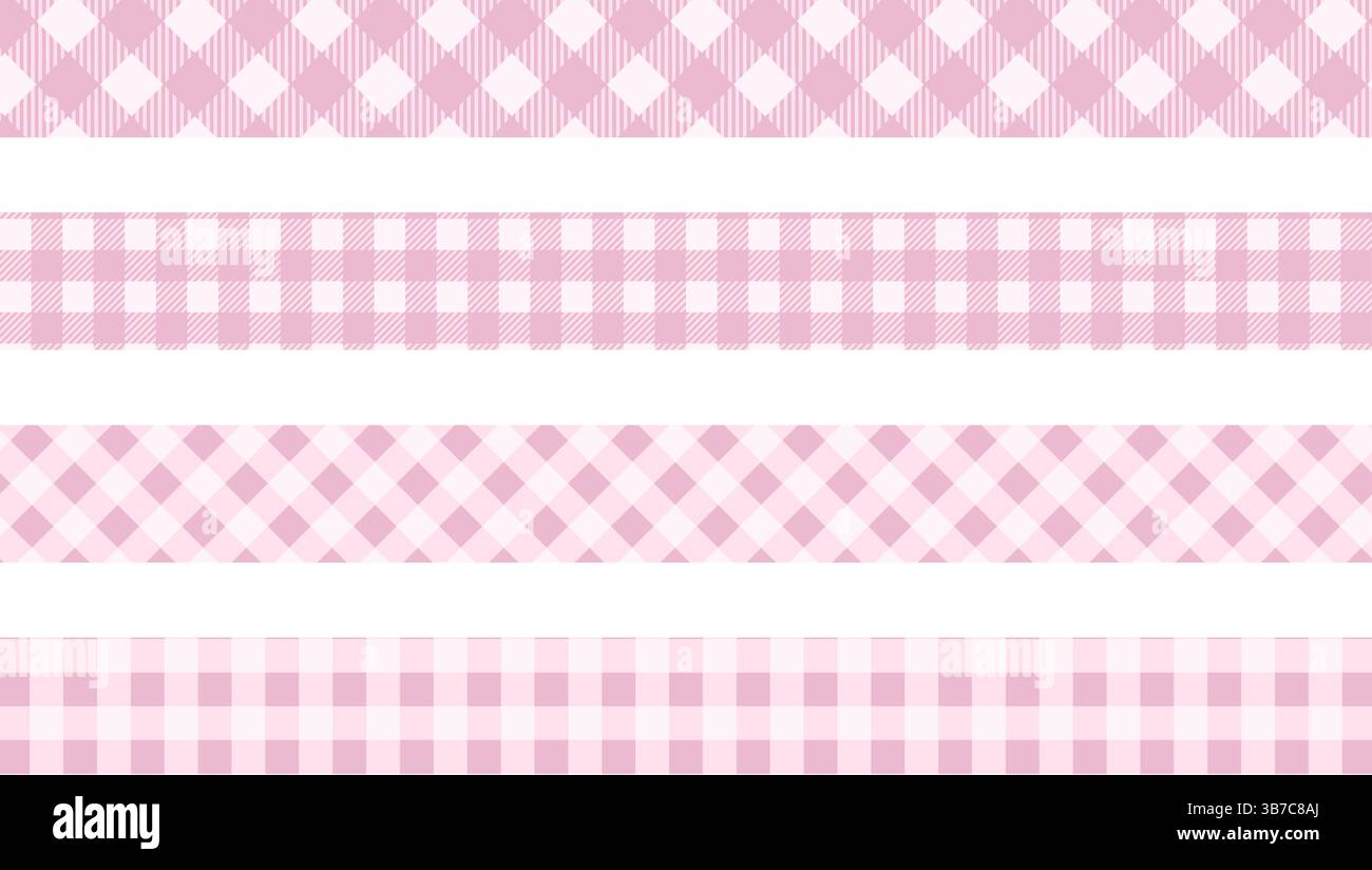 Rubans avec motif Vichy rose. Bordures avec imprimé coquette girly. Rubans pour cadeaux de bébé fille ou bandeaux. Bandes de coton, lin ou flanelle isolées sur fond blanc. Illustration vectorielle plate. Illustration de Vecteur