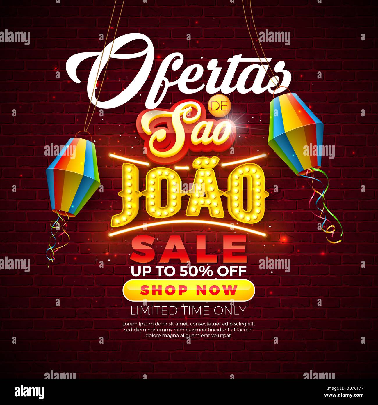 Festa Junina vente illustration commerciale promotionnelle avec lanterne en papier, lettrage néon léger sur fond de mur de briques. Vecteur Festa de Sao Joao Illustration de Vecteur