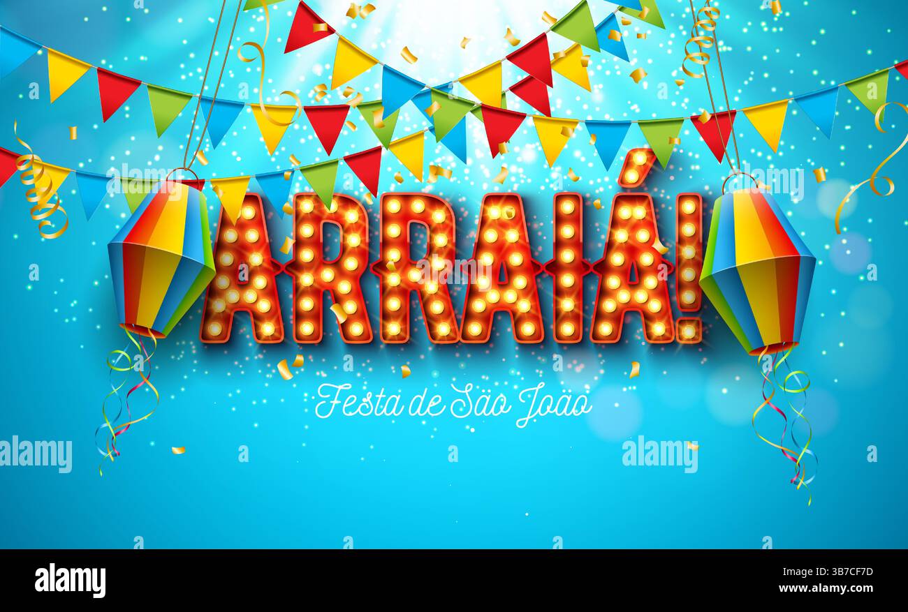 Illustration Festa Junina avec drapeaux de fête, confettis et lettre d'affichage d'ampoule Arraia sur fond bleu. Vector Brazil Sao Joao June Festival Illustration de Vecteur