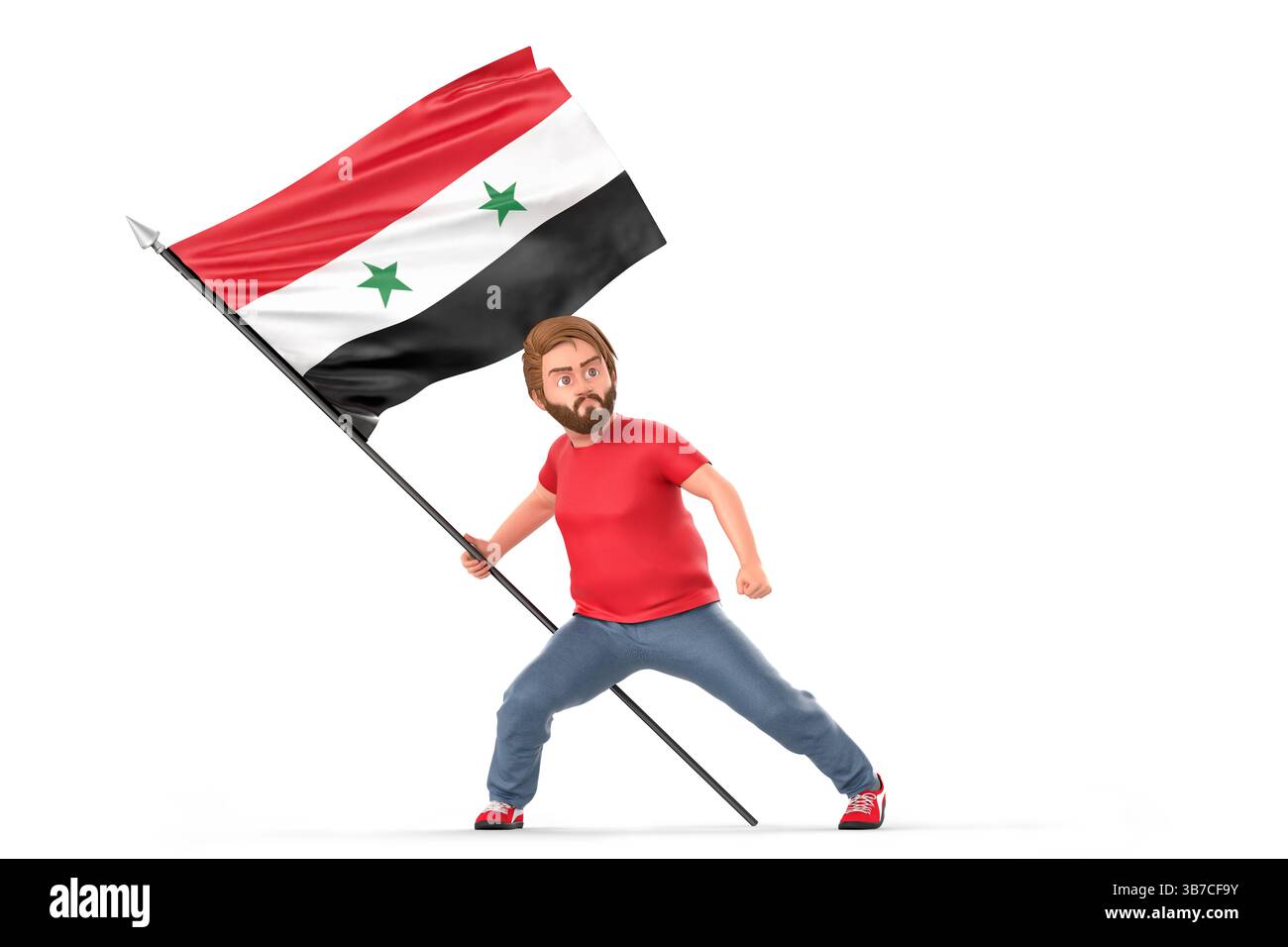 Homme de dessin animé tenant fermement et affichant fièrement le drapeau syrien, symbolisant le patriotisme, l'identité nationale et un soutien indéfectible. Rendu 3D. Banque D'Images