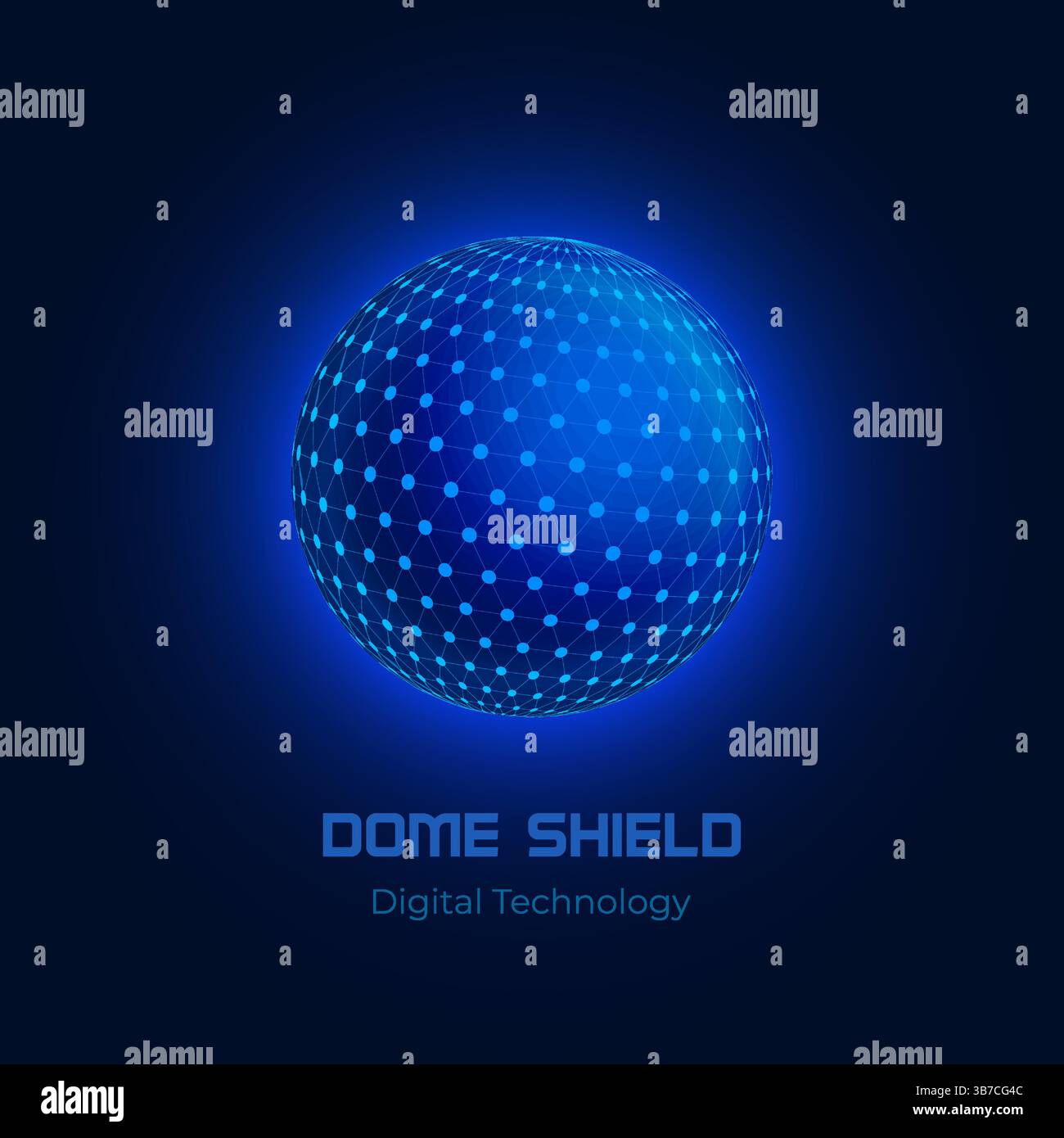 Sphère de points interconnectés, boule 3D sur un fond bleu foncé, bouclier de dôme, technologie d'intelligence artificielle ai, protection contre les virus et Illustration de Vecteur