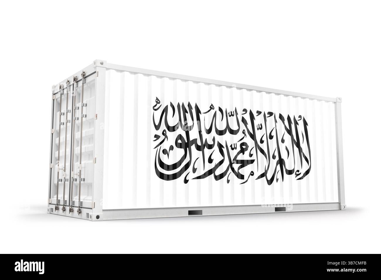 Conteneur intermodal blanc arborant le drapeau de l'émirat islamique d'Afghanistan, symbolisant le commerce international et la logistique. Rendu 3D. Banque D'Images