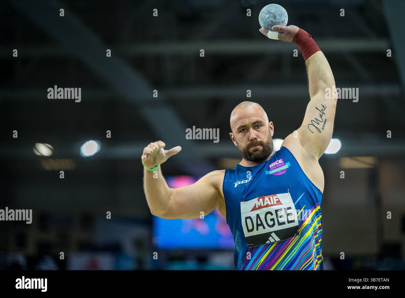 17 février 2024, Miramas, France : Frédéric Dagee remporte le titre national de lancer du poids lors des championnats de France d'athlétisme en salle au stade Métropole. Les championnats de France d’athlétisme en salle se tiendront les 17 et 18 février 2024 et réuniront les athlètes français dans une compétition qui pourra les aider à atteindre la qualification olympique mondiale. (Crédit image : © Laurent Coust/SOPA images via ZUMA Press Wire) Banque D'Images