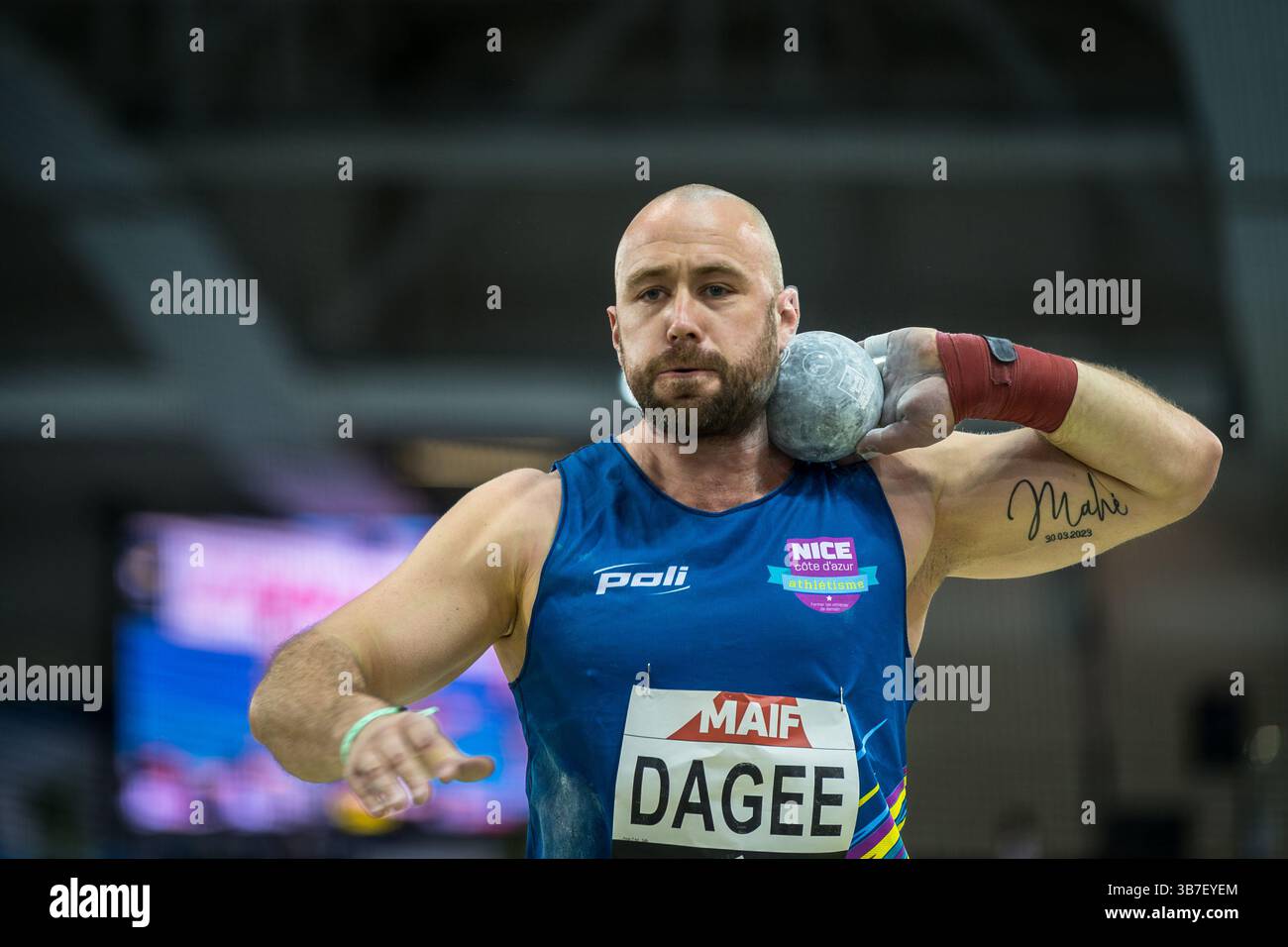 17 février 2024, Miramas, France : Frédéric Dagee remporte le titre national de lancer du poids lors des championnats de France d'athlétisme en salle au stade Métropole. Les championnats de France d’athlétisme en salle se tiendront les 17 et 18 février 2024 et réuniront les athlètes français dans une compétition qui pourra les aider à atteindre la qualification olympique mondiale. (Crédit image : © Laurent Coust/SOPA images via ZUMA Press Wire) Banque D'Images