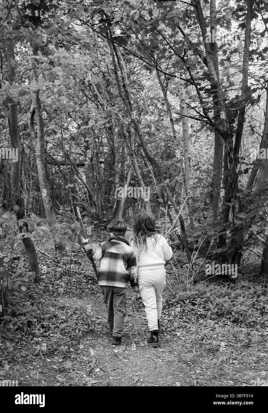 Garçon et fille marchant à travers les bois de Stanmer Park sur un chemin à Spring Brighton UK : crédit Simon Dack Banque D'Images
