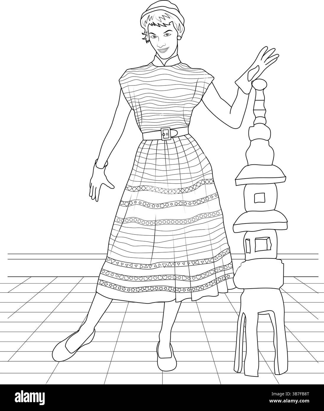 Illustration en noir et blanc d'une femme portant une robe à la mode et des gants des années 1950, debout à côté d'une lanterne décorative en pierre. La robe Illustration de Vecteur