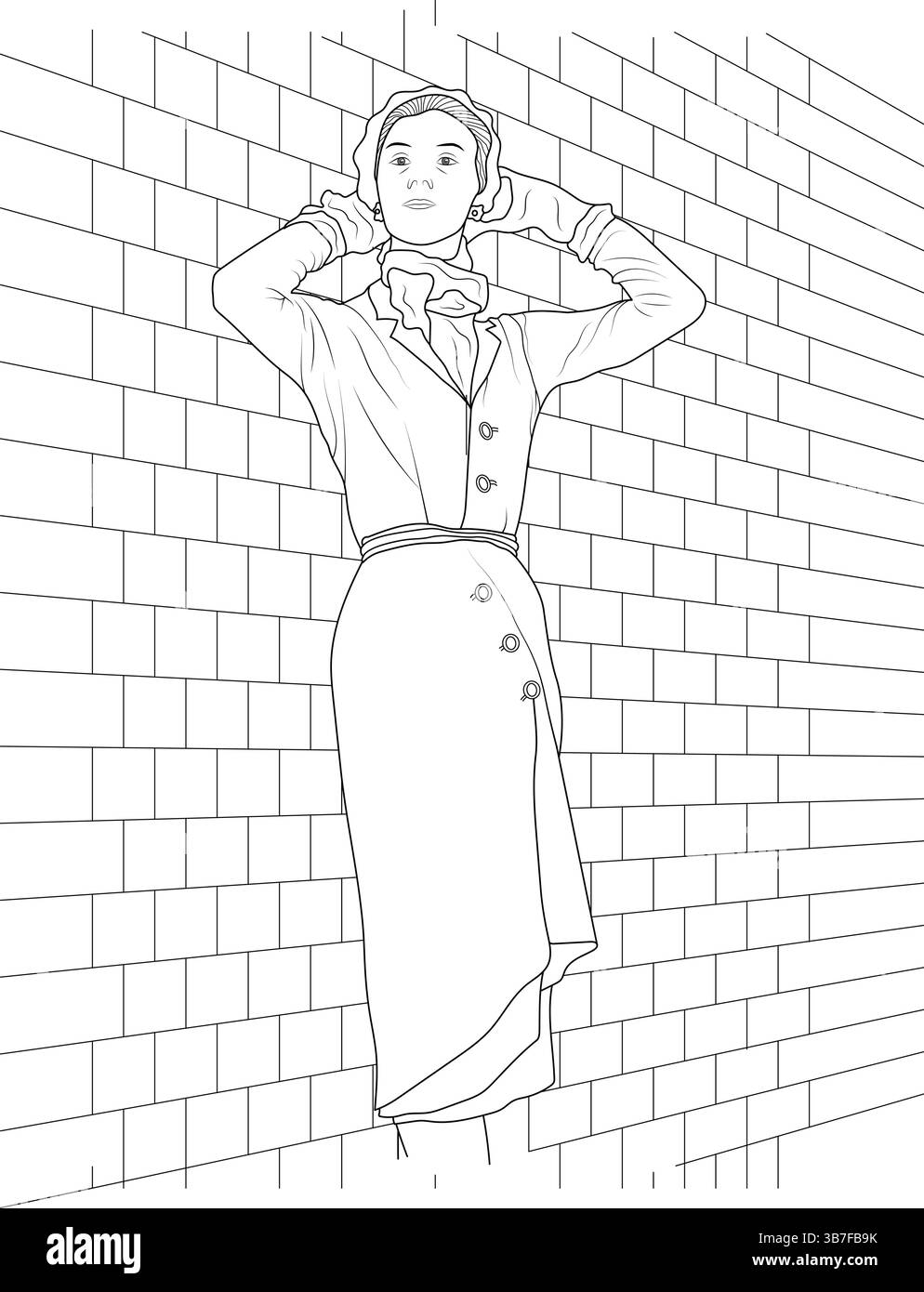 Une illustration de dessin de ligne noir et blanc d'une femme posant dans une tenue de mode classique des années 1950, debout contre un mur de briques. Illustration de Vecteur