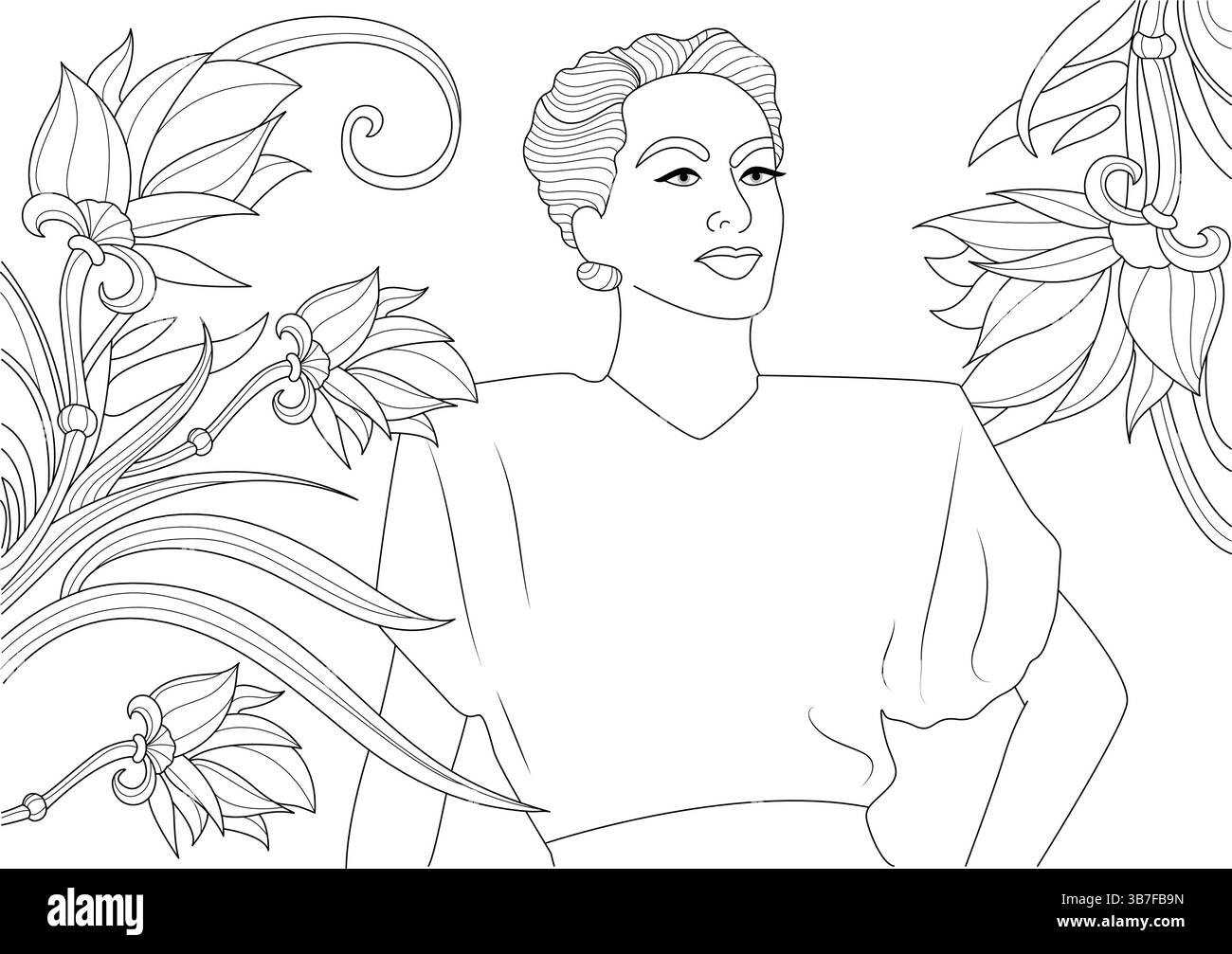 Illustration d'art de ligne noir et blanc d'une femme élégante à la mode des années 1950, avec une coiffure vintage et robe, entourée d'el floral décoratif Illustration de Vecteur