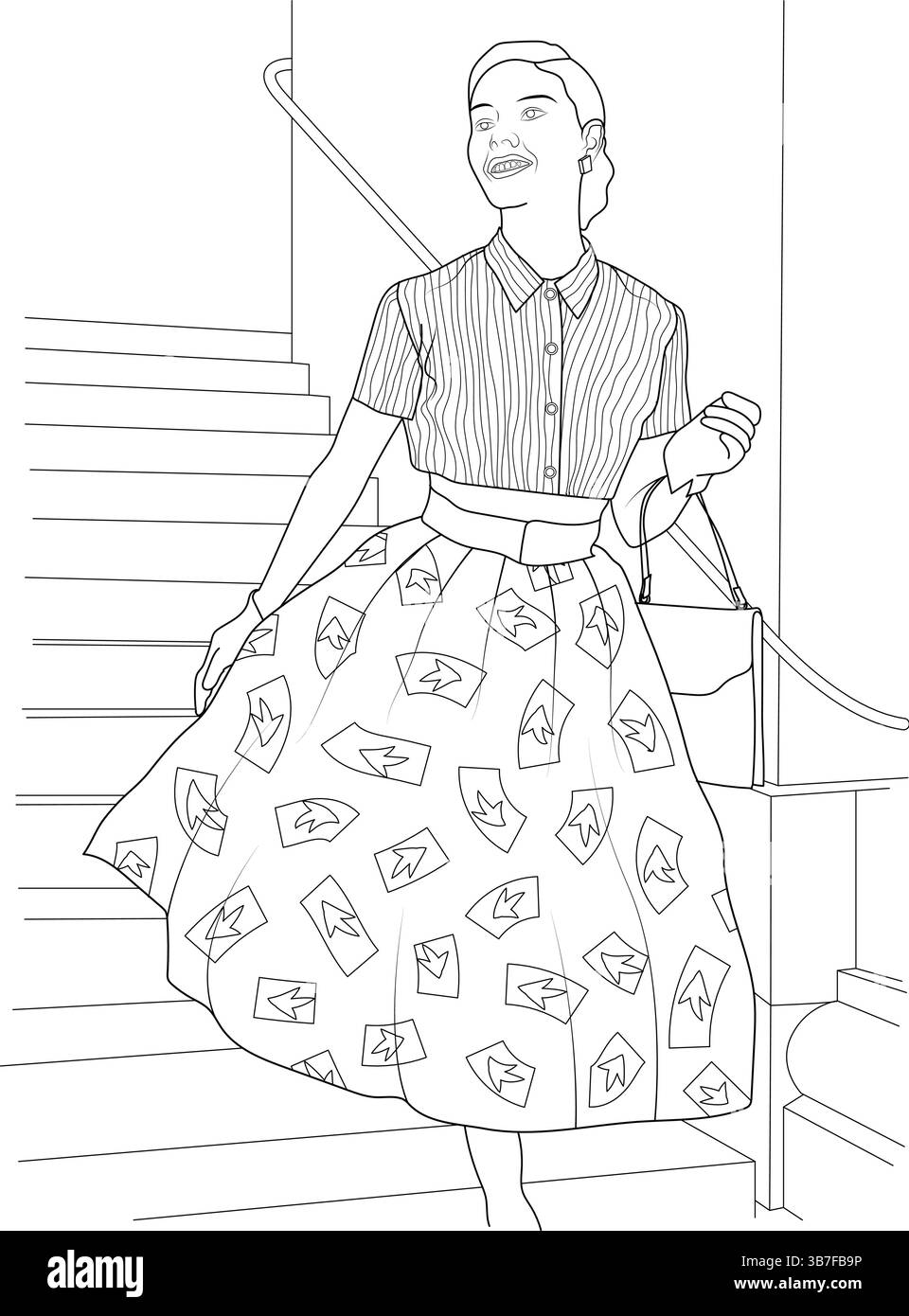 Illustration d'art au trait d'une femme dans la mode des années 1950 marchant dans un escalier. Elle porte une chemise rayée, une jupe à motifs complets, une ceinture et porte un Illustration de Vecteur