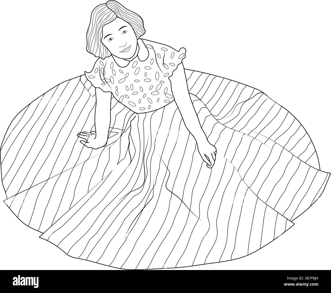 Illustration d'art en ligne noir et blanc d'une femme dans une robe à jupe pleine, évoquant le style de la mode des années 1950. Illustration de Vecteur