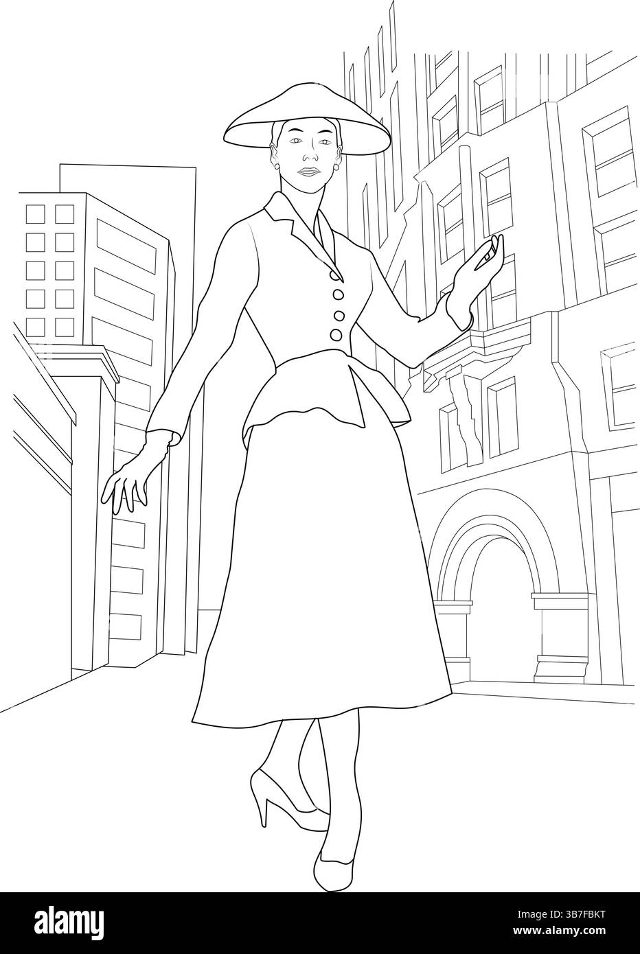 Illustration d'art au trait d'une femme élégante portant une robe de style vintage des années 1950, chapeau et talons, debout dans une rue de la ville avec des bâtiments dans le backgro Illustration de Vecteur
