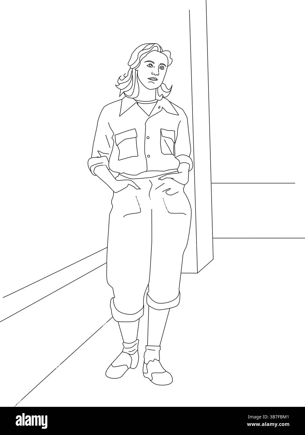 Illustration simple de dessin de ligne noir et blanc d'une femme portant la mode de style des années 1950, y compris une chemise à col et un pantalon à revers. Illustration de Vecteur