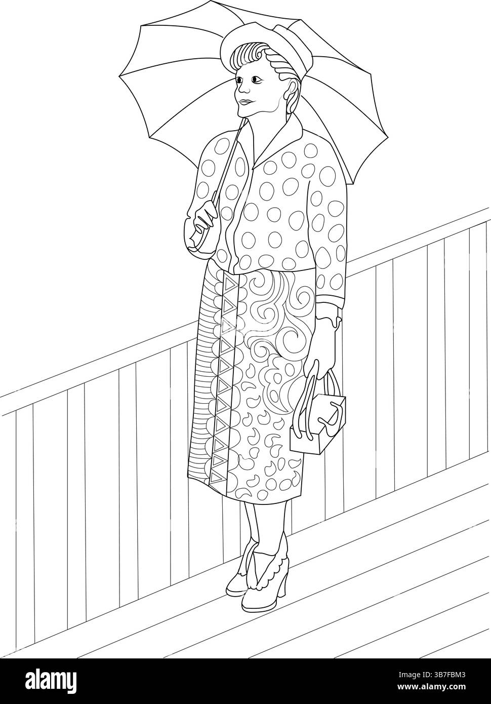Illustration d'art de ligne noir et blanc d'une femme habillée dans la mode classique des années 1950, tenant un parapluie et un sac à main, debout sur une terrasse en bois ou ste Illustration de Vecteur