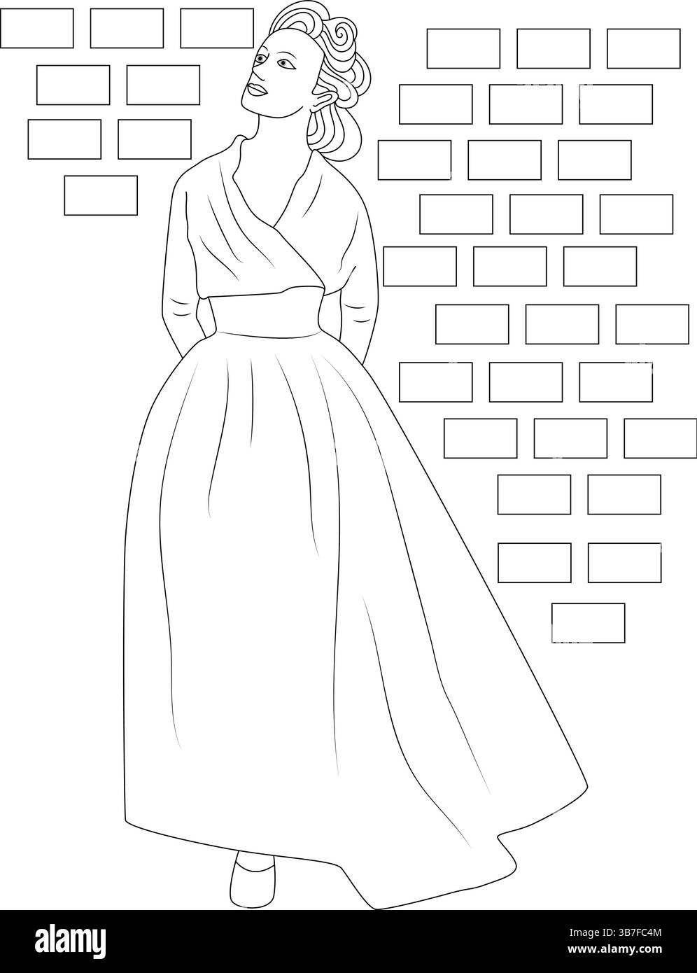 Dessin au trait noir et blanc d'une femme élégante portant une robe classique des années 1950 avec une jupe complète et une élégante coiffure updo, debout devant une sim Illustration de Vecteur