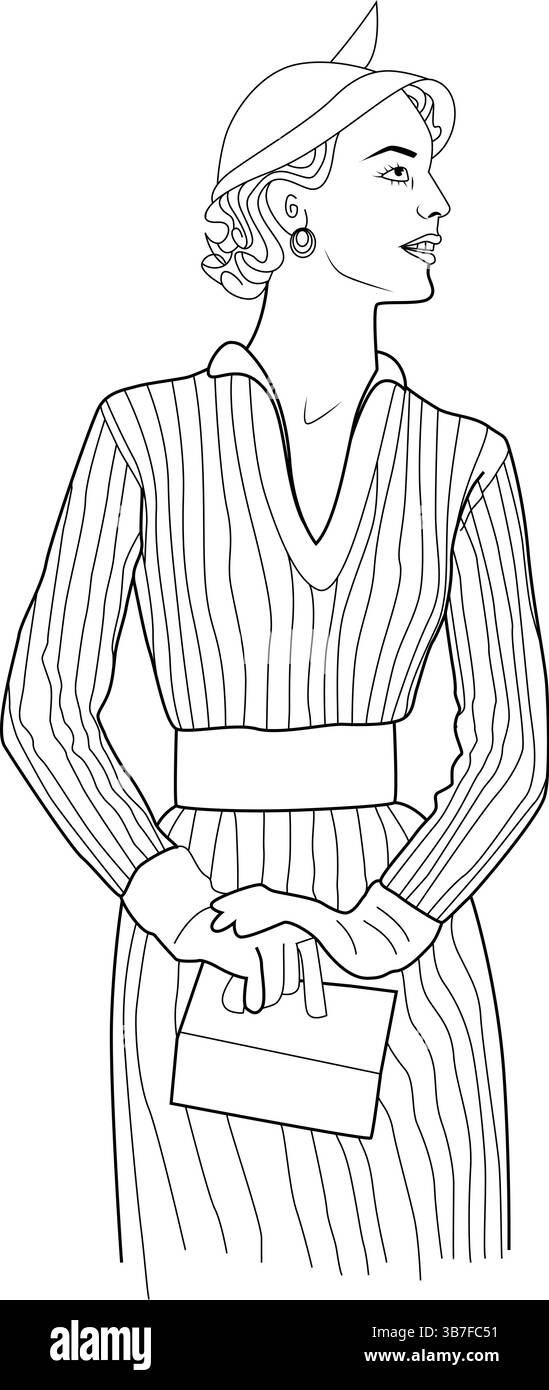 Illustration d'art de ligne noir et blanc mettant en vedette une femme à la mode vintage des années 1950, portant une robe rayée, un chapeau, et tenant une pochette à main. Idéal pour Illustration de Vecteur