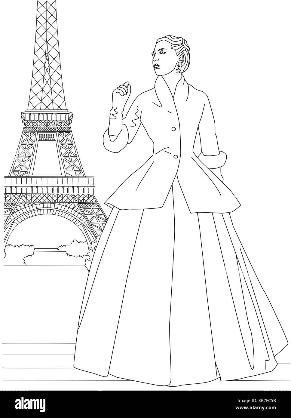 Une illustration d'art au trait de style vintage représentant une femme élégante dans une robe de mode classique des années 1950 et un manteau debout devant l'emblématique Eiffel Towe Illustration de Vecteur