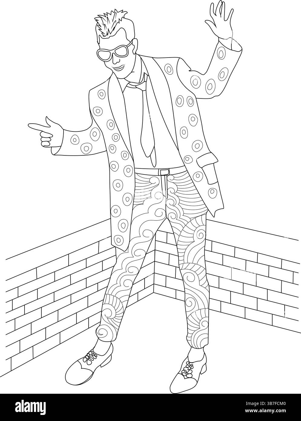 Illustration d'art de ligne noir et blanc d'un homme élégant habillé dans la mode vintage des années 1950, avec un costume avec des motifs uniques, cravate et lunettes de soleil, s. Illustration de Vecteur