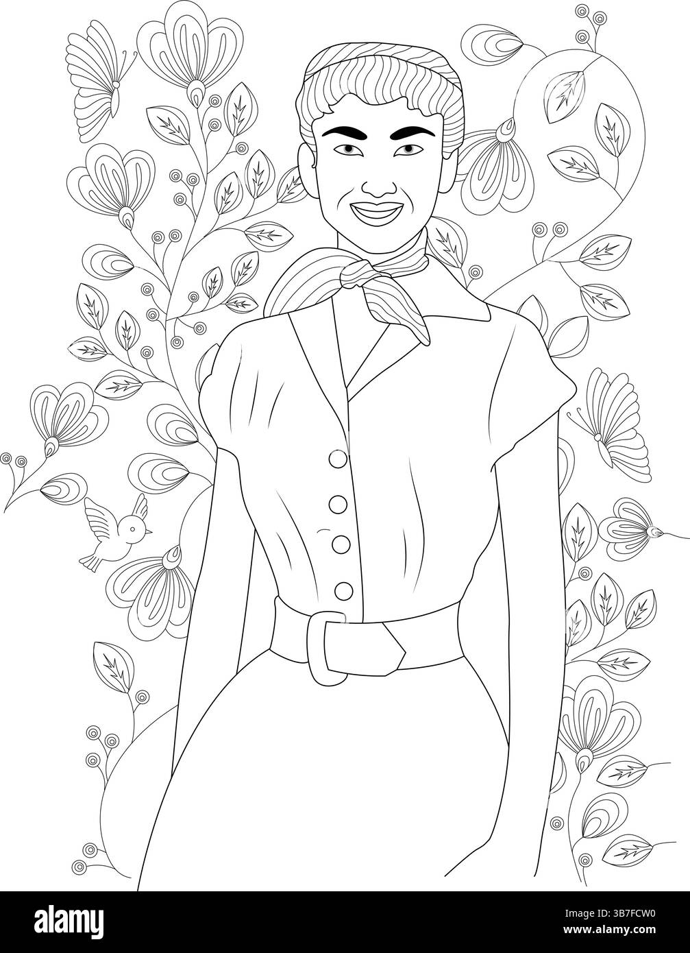 Illustration élégante d'art de ligne noir et blanc d'une femme dans une tenue classique de style des années 1950, y compris une robe, une ceinture et une écharpe. Le portrait est réglé contre Illustration de Vecteur