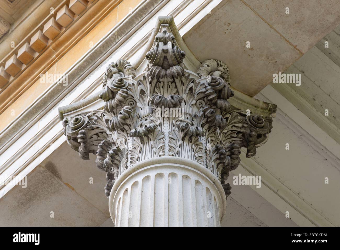 Gros plan du capital décoratif de la colonne corinthienne (haut de la colonne), architecture classique, style architectural, Gatton Hall, Surrey, Angleterre, Royaume-Uni Banque D'Images