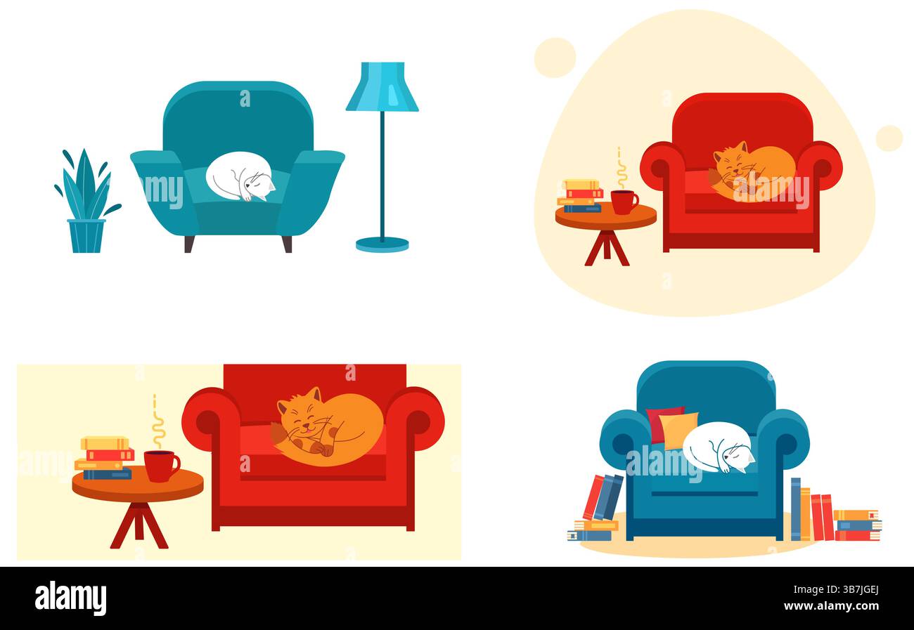 Concept de maison confortable et de lecture. Chat mignon dort sur une chaise, des livres Illustration de Vecteur