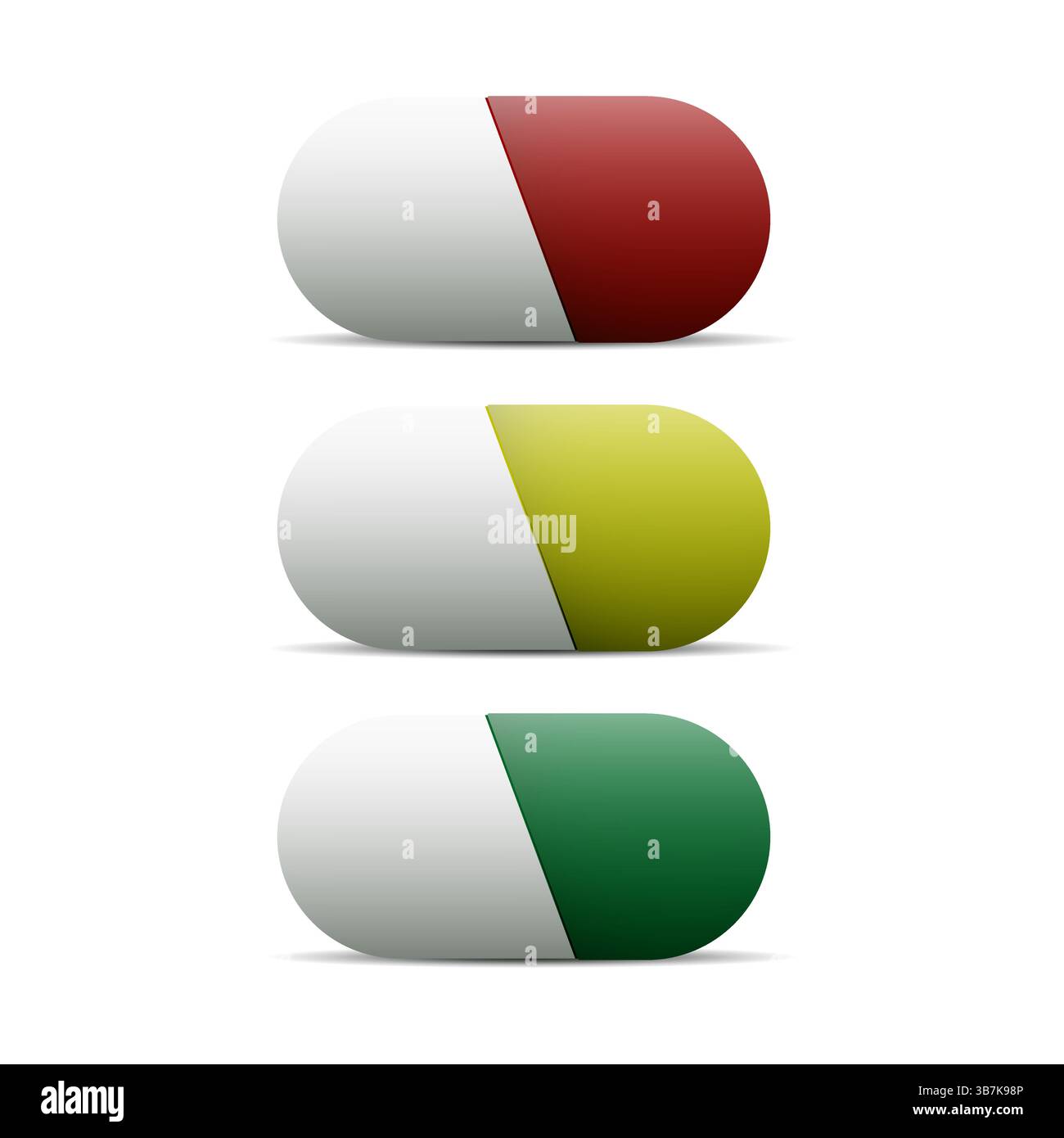 Pilules médicales pharmaceutiques ovales réalistes douces, comprimés, vitamines, ensemble de capsules. Icônes vectorielles peintes aux couleurs des feux de circulation. Illustration de Vecteur