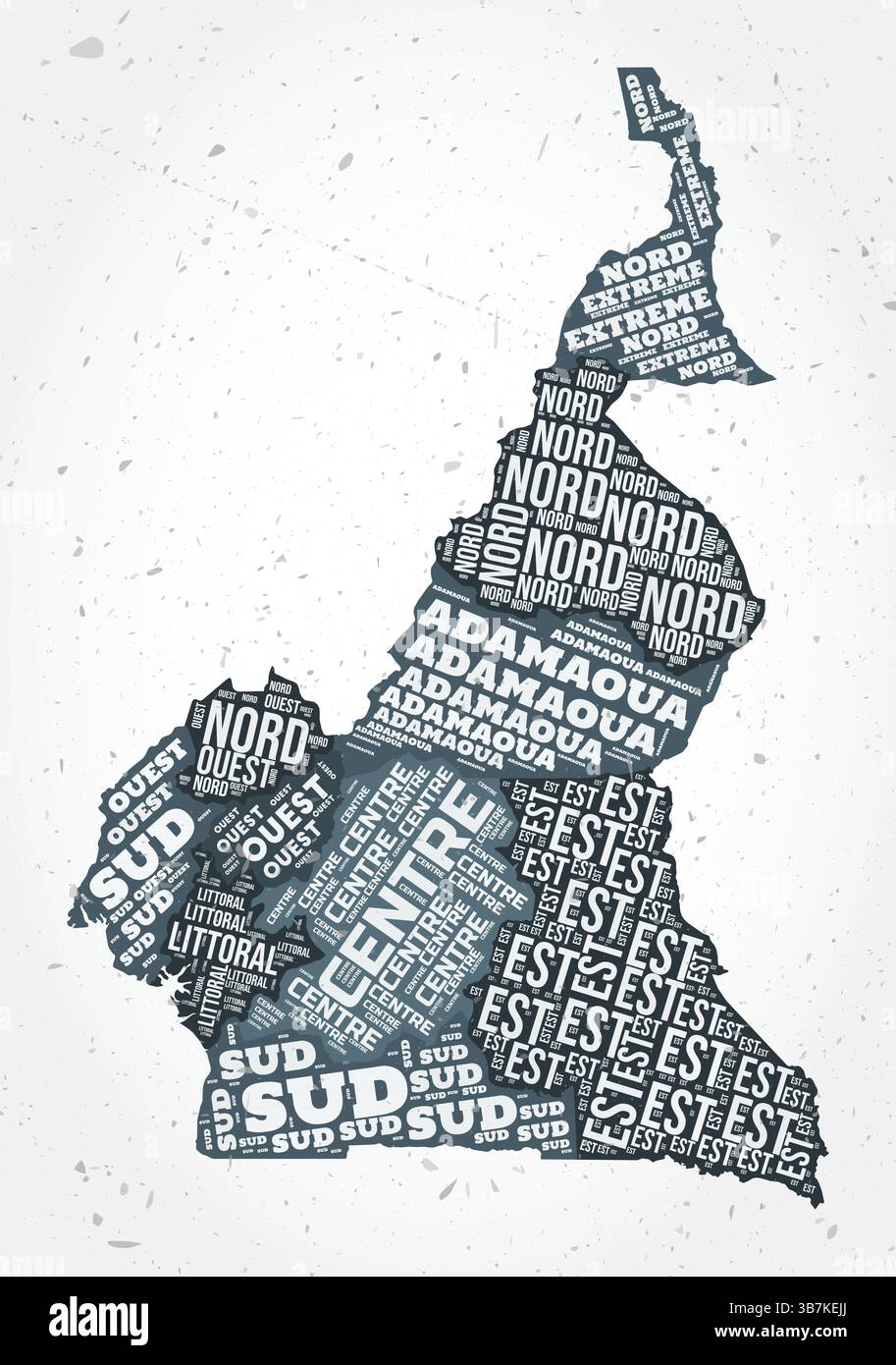 Nuages de mots des régions du Cameroun. Forme de pays sur fond texturé. Cameroun design dans le style typographique. Illustration vectorielle créative. Illustration de Vecteur