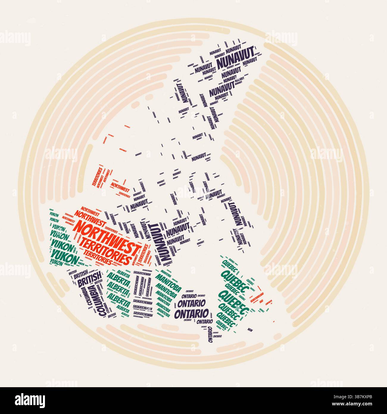 Affiche de la ronde du Canada. Image de style typographique d'un pays. Provinces nuages de mots du Canada. Design d'image vintage avec texture de grattage. Illustration de Vecteur