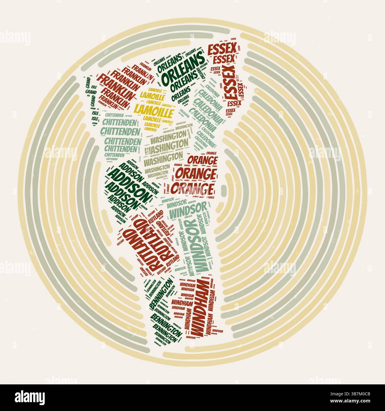 Affiche ronde du Vermont. Image de style typographique de l'état. Nuages de mots du comté du Vermont. Design d'image vintage avec texture de grattage. Illustration de Vecteur