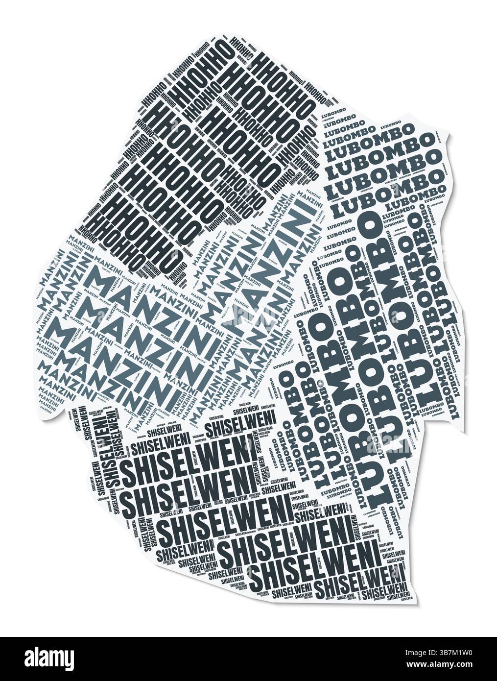Nuage de texte de forme Eswatini. Frontière de pays avec ombre sur fond blanc. Eswatini avec division des régions dans le style vintage gazette. Illustration de Vecteur