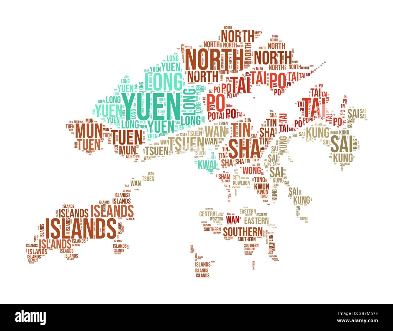 Hong Kong Word Cloud. Forme du pays avec division de région. Image de style typographique Hong Kong. Nuages de balises de noms de région. Illustration vectorielle. Illustration de Vecteur