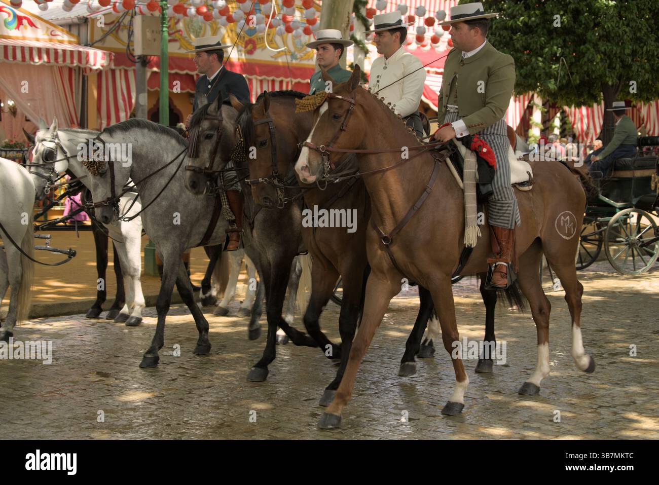 Défilé des cavaliers andalous à travers la Feria de Sevilla 2025, vêtus d'une tenue d'équitation traditionnelle au milieu du parc des expositions festif de Real de la Feria. Banque D'Images
