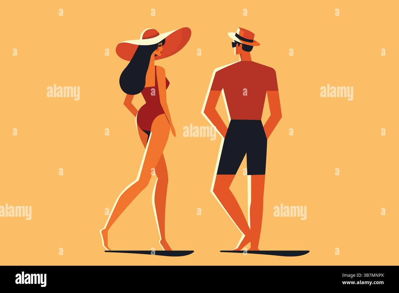 couple dans des tenues d'été mi-siècle style moderne illustration vectorielle plate. Illustration de Vecteur