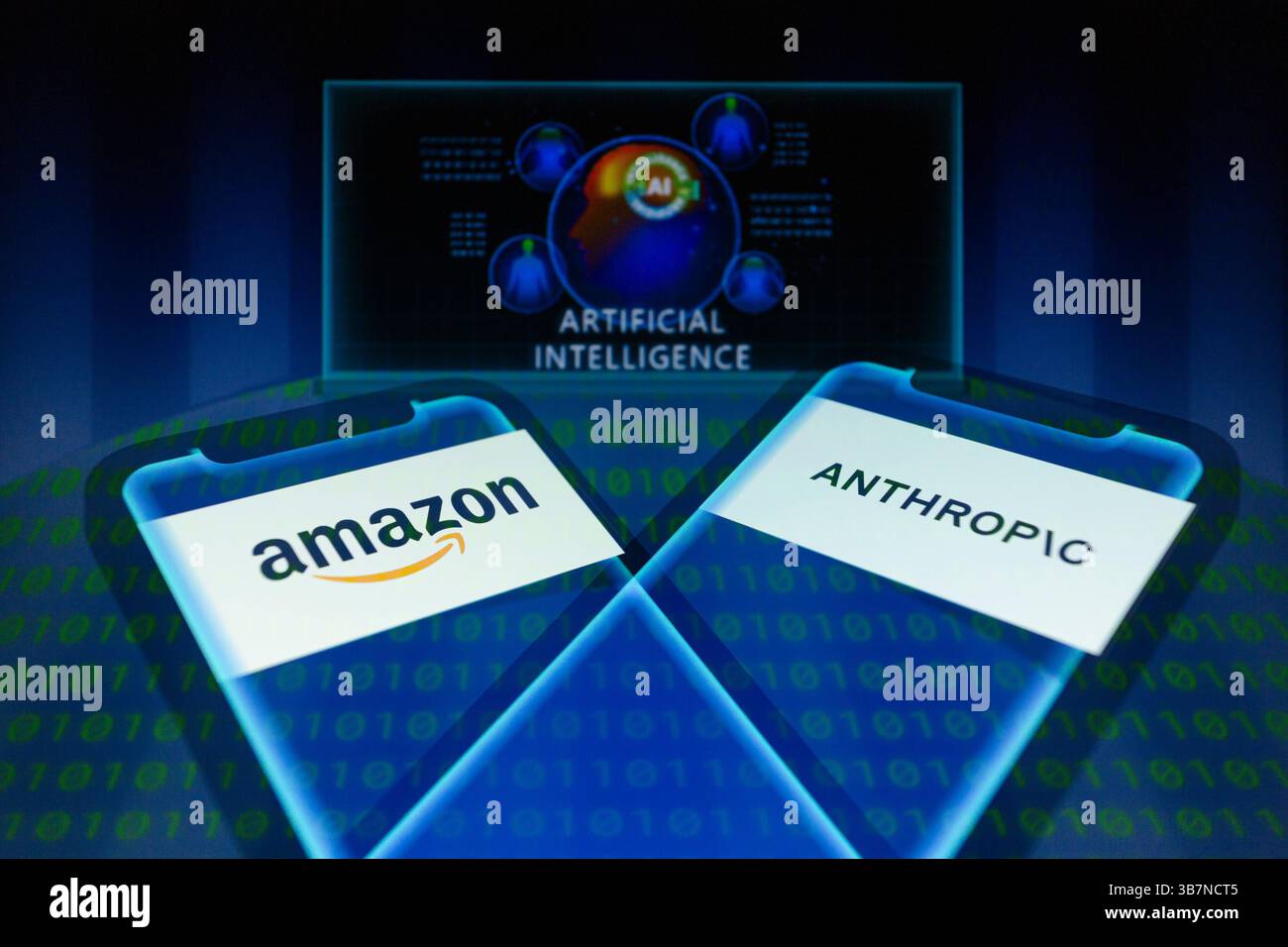 27 mars 2024, Asuncion, Paraguay : logos Amazon et Anthropic affichés sur smartphone avec une représentation visuelle de l'intelligence artificielle et des chiffres de code binaire. Amazon a déclaré aujourd'hui qu'il a fait un investissement supplémentaire de 2,75 milliards de dollars dans Anthropic. La société a annoncé un investissement initial de 1,25 milliards de dollars en septembre, et a déclaré à l'époque qu'elle investirait jusqu'à 4 milliards de dollars. (Crédit image : © Andre M. Chang/ZUMA Press Wire) Banque D'Images