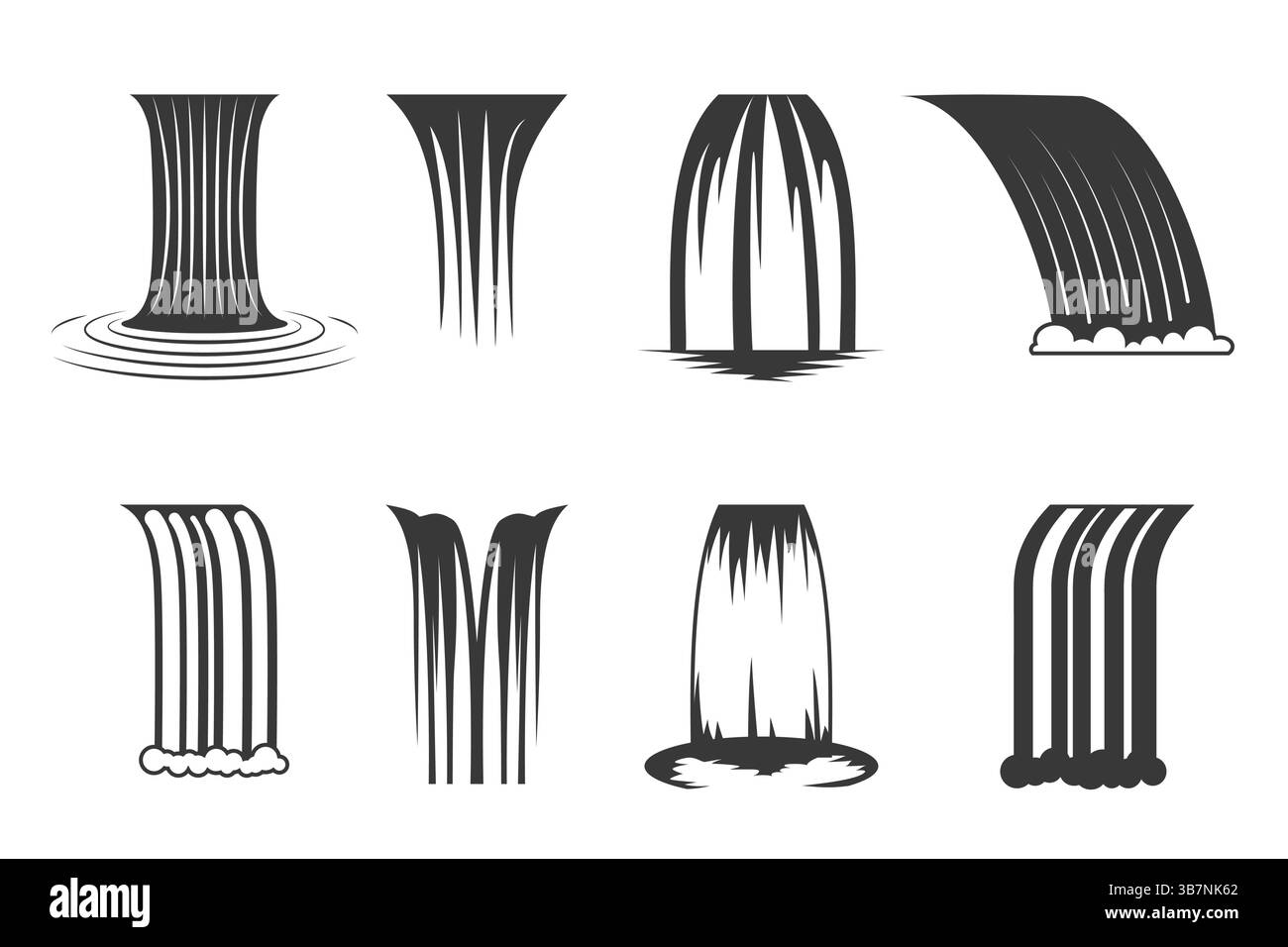 Ensemble d'icônes de cascade minimalistes en couleur noire. Ressource en eau et concept de nature Illustration de Vecteur